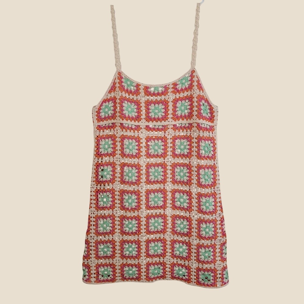 Zara Womens Crochet Knit Granny Square Mini Dress Multicolor Boho Festival Small